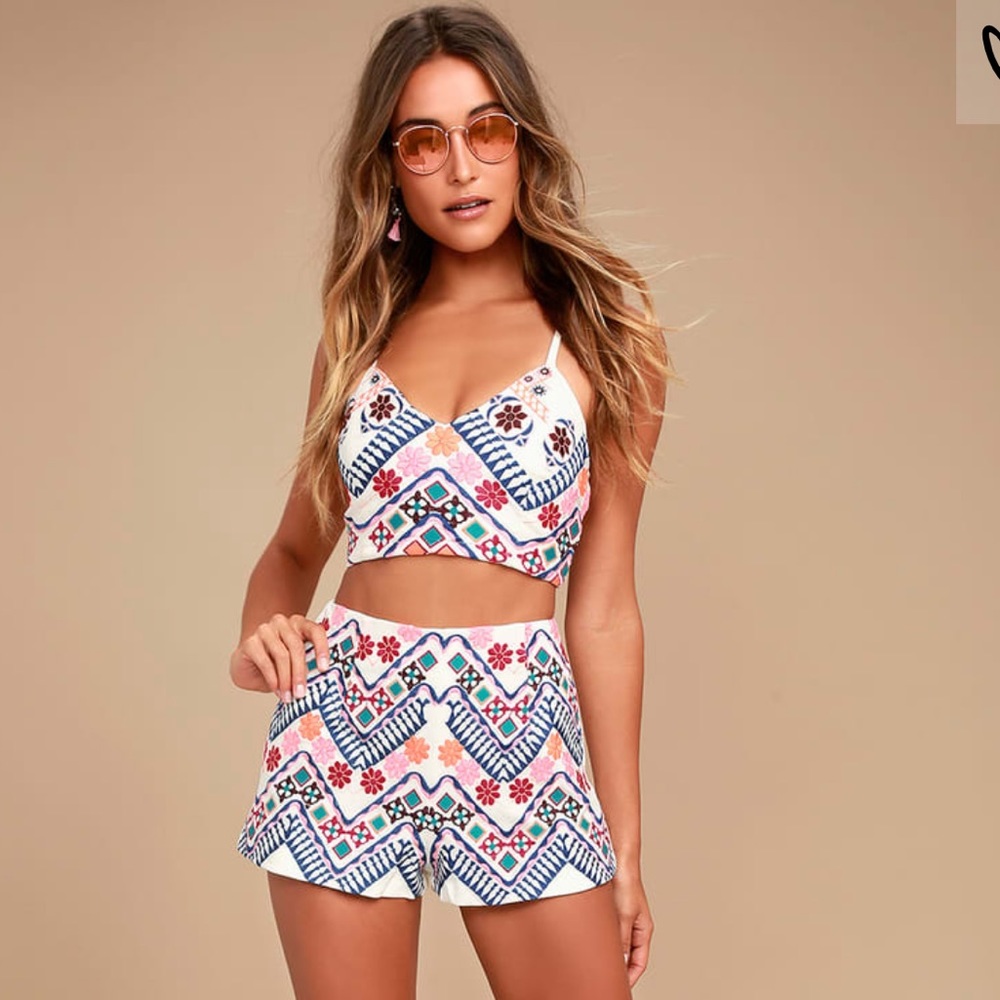 Two piece embroidered tank and short set